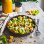 caesar salad in piatto fondo con crostini di pane sul tavolo